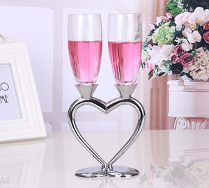 Silver and Crystal Champagne Flutes in Heart Shape - 2 pcs