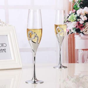 Champagne Silver and Crystal Flutes with Embossed Hearts and Diamonds